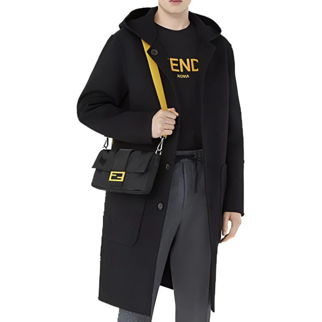 5233/FENDI 黑色logo提花缎带正反两面穿羊毛大衣/56码/全新带吊