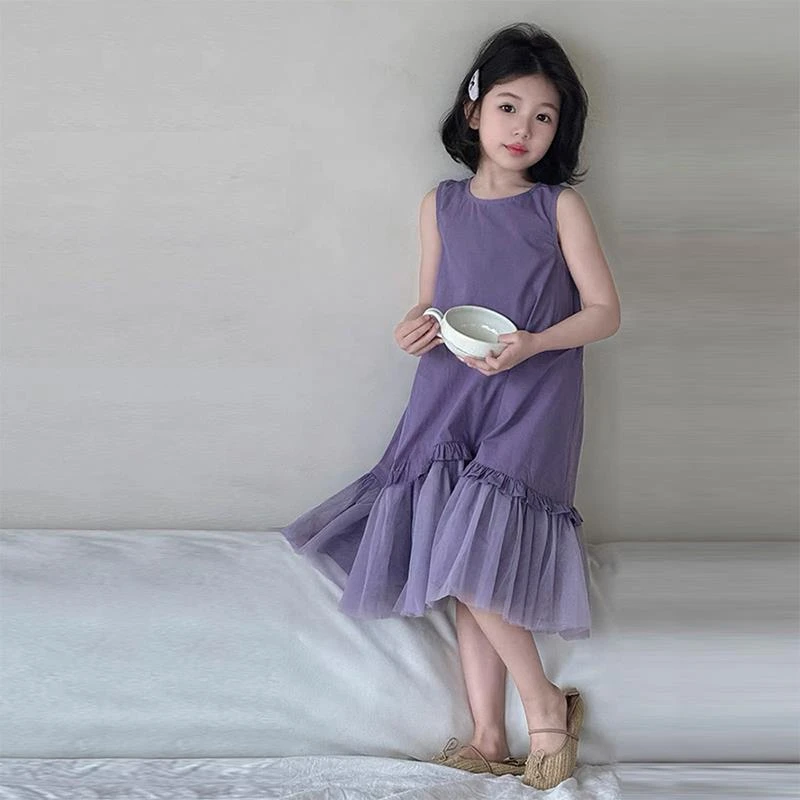 女童连衣裙夏季2025新款儿童网纱拼接背心裙小女孩花