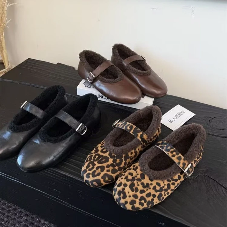 毛毛加绒豹纹玛丽珍单鞋女2025冬季羊羔毛浅口配裙子平底芭蕾舞鞋