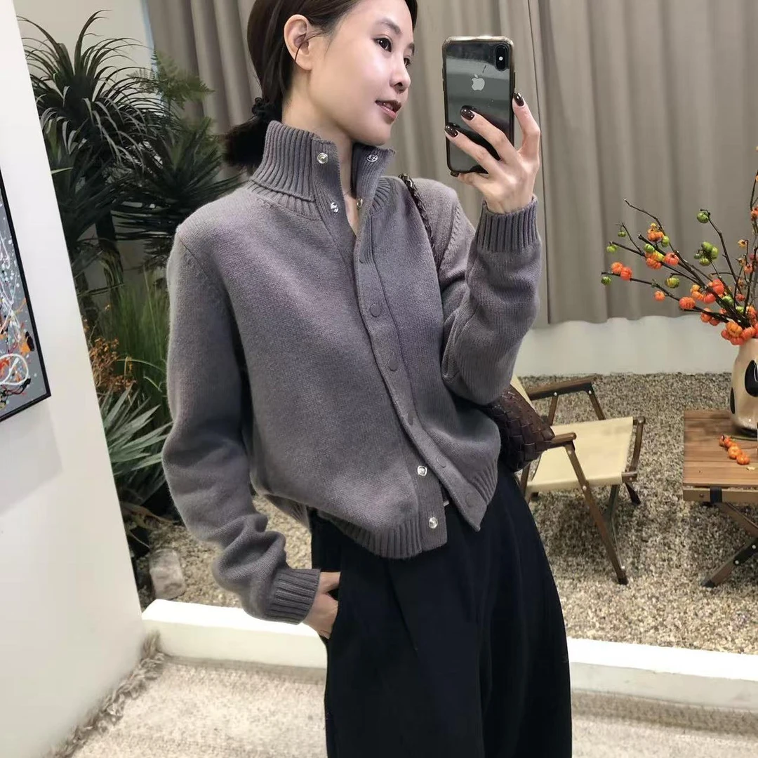 韩系高级感立领全羊毛针织开衫2025新款宽松显瘦百搭软糯毛衣外套