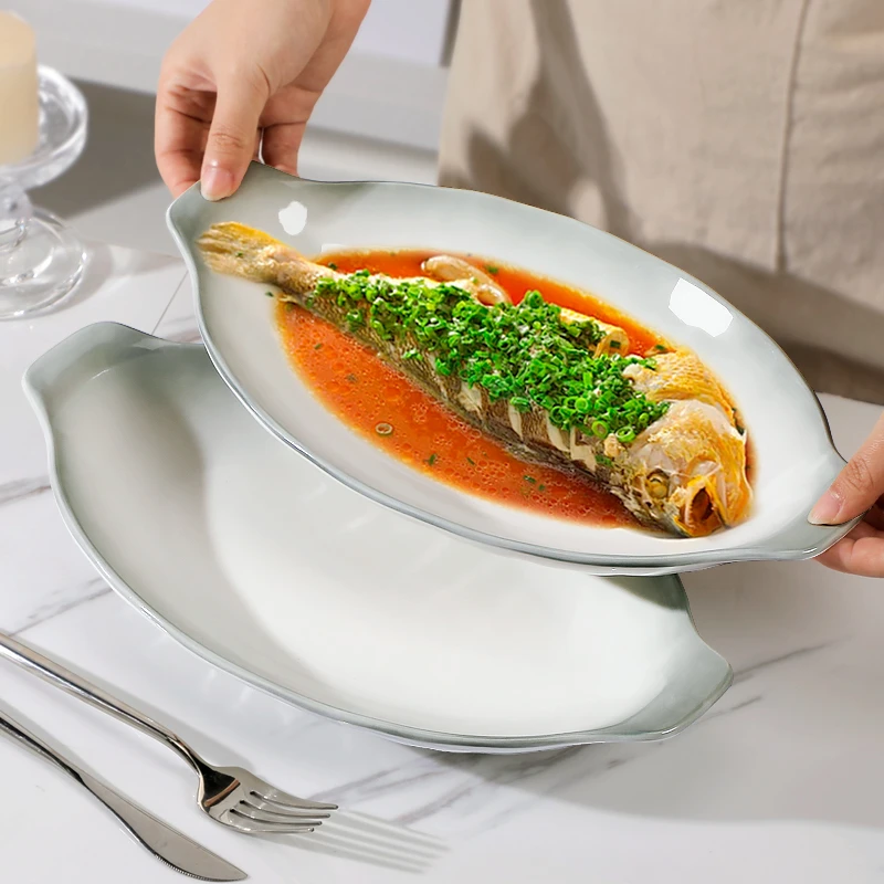 【粉丝福利】陶瓷双耳鱼盘家用蒸鱼专用盘菜盘大号高级感釉下彩鱼碟