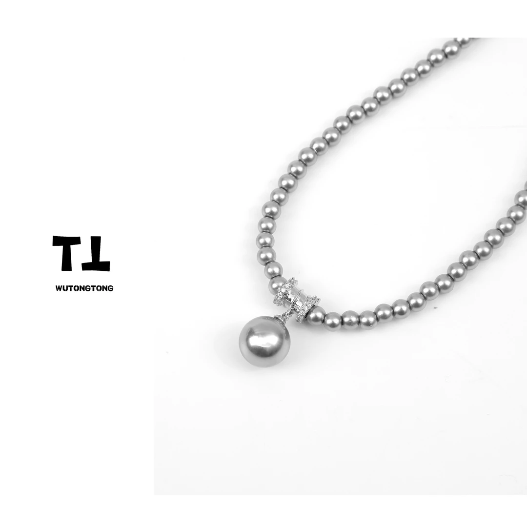 钛钢仿水晶项链 现货【吴童优选】ins风灰色高级感珍珠项链女61261