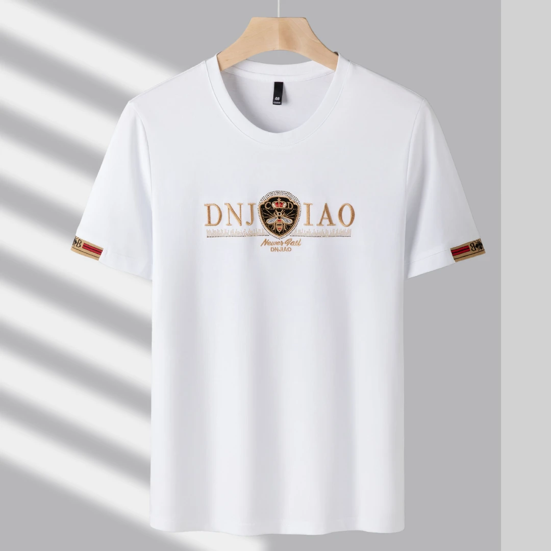 【小巷】夏季新款丝光棉黑金刺绣小蜜蜂男士潮流透气圆领短袖T恤