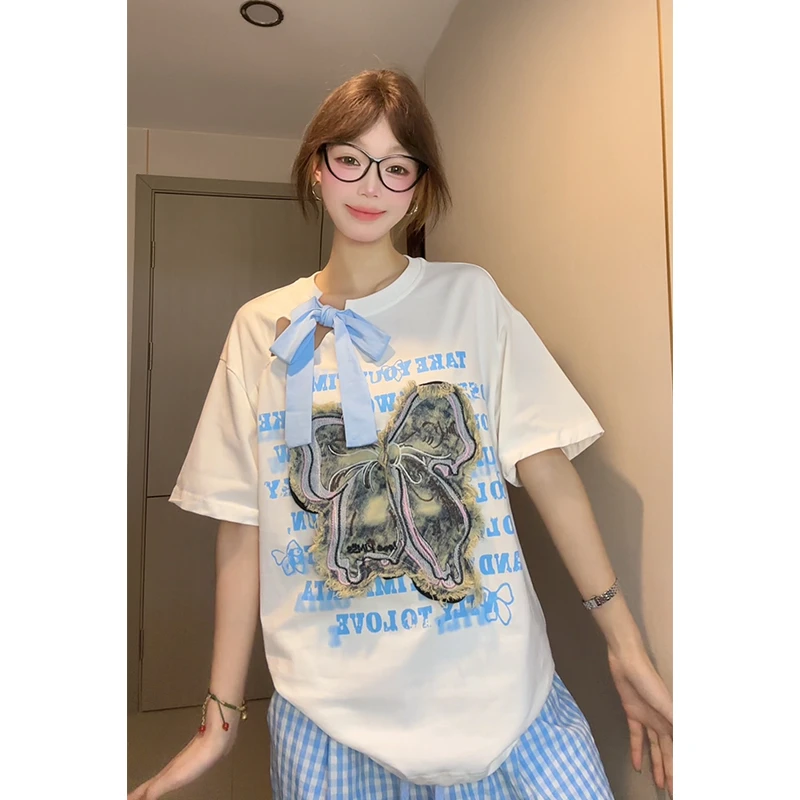 设计感甜美蝴蝶结贴布绣短袖t恤女春夏美式辣妹宽松显瘦半袖上衣
