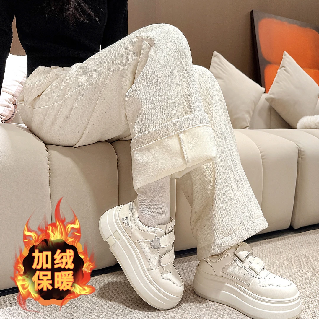 小香风休闲裤白色高腰阔腿裤秋冬款加绒加厚黑色直筒长裤宽松显瘦