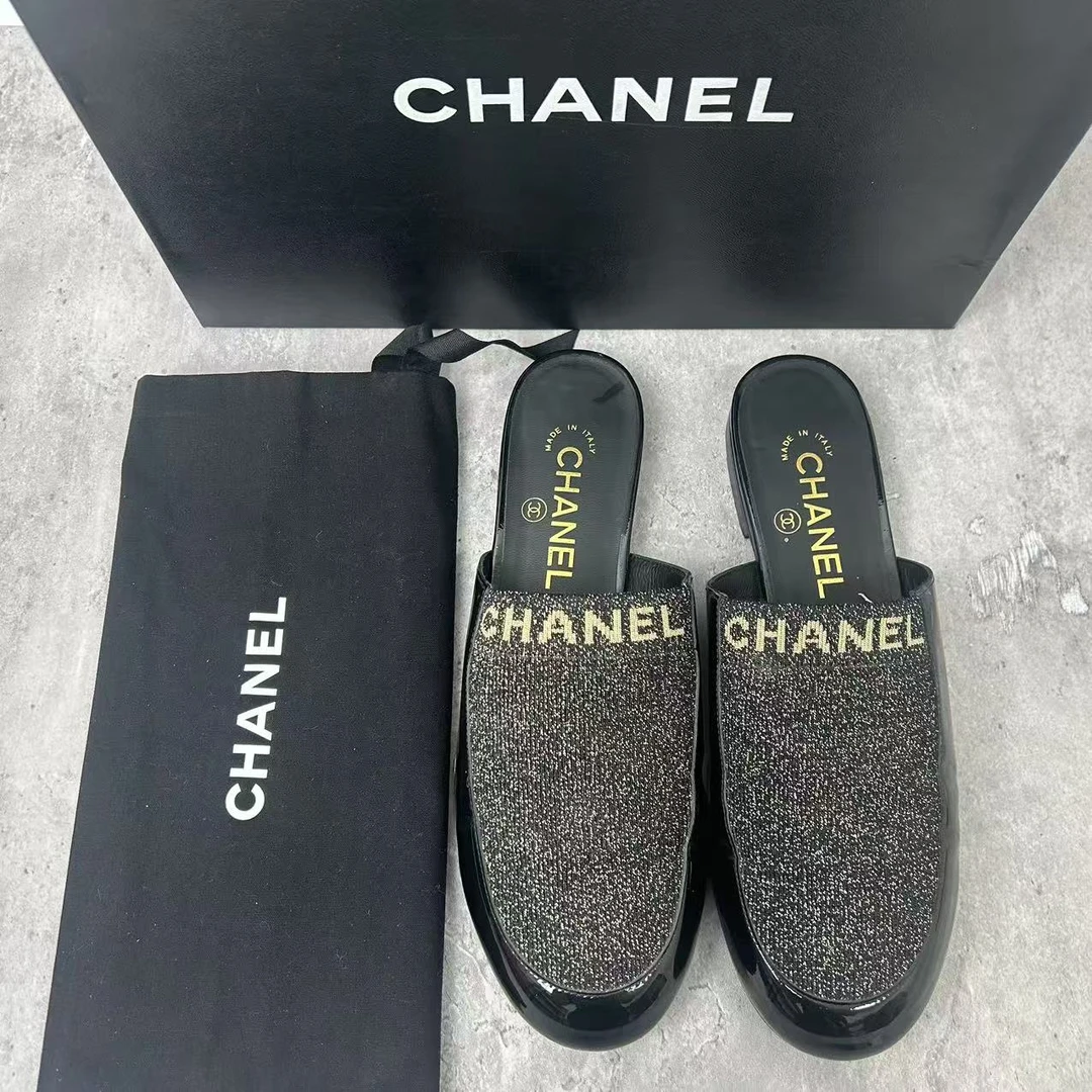 99新 Chanel/香奈儿 37.5码/仔仔女鞋/全套/黑色女士包头半拖1105