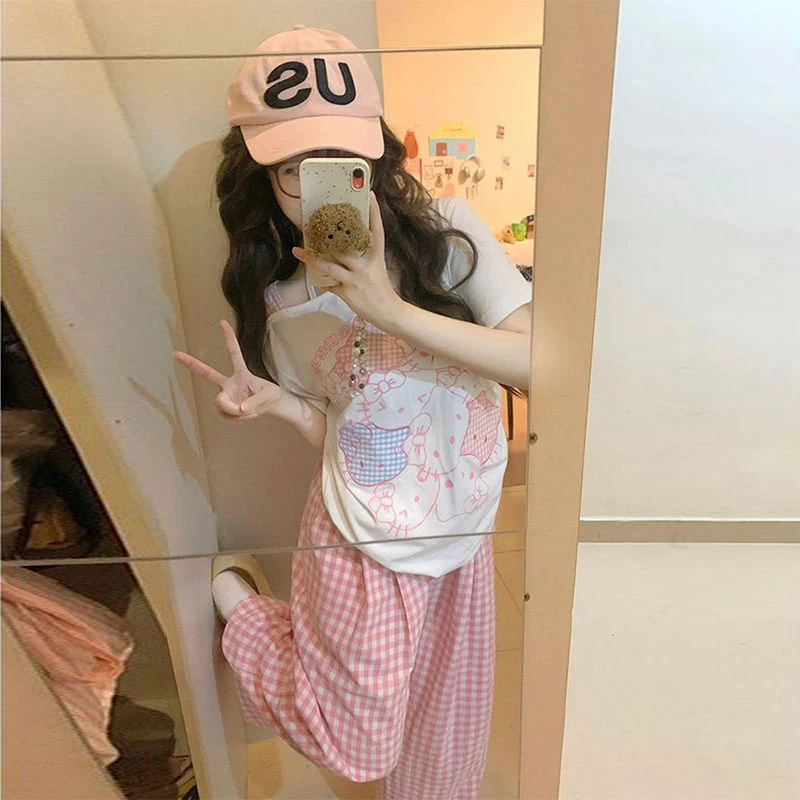 韩系kitty猫咪印花露肩短袖t恤女夏季宽松不规则抽褶斜肩吊带上衣