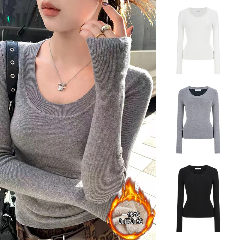 Moses Queen/魔西女王正肩一体绒保暖针织衫修身显瘦长袖打底上衣