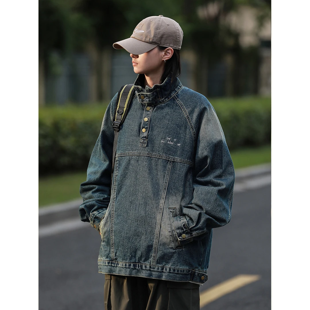 外套套头直供日系潮流牛仔衣宽松牛仔夹克立领复古厂货欧美情侣