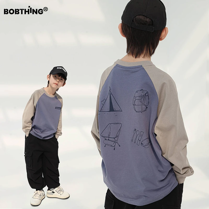 男童春装2025新款儿童露营元素印花插肩T恤衫中大童宽松打底长袖