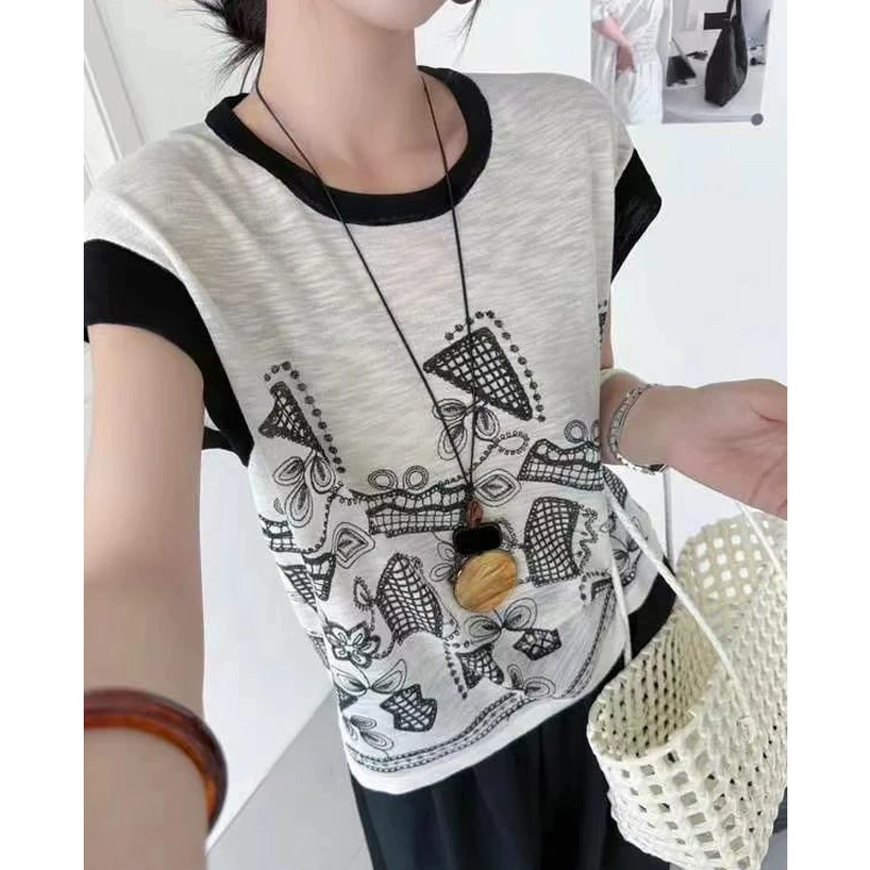 法式复古重工刺绣小飞袖冰丝亚麻针织短袖T恤女夏季修身坎肩上衣