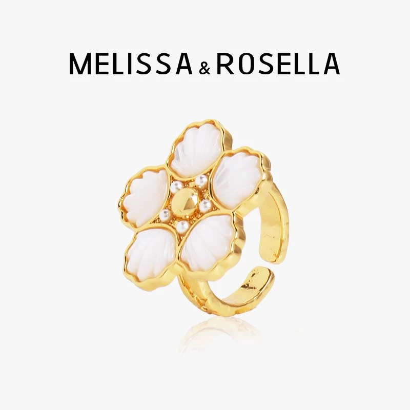 MELISSA&ROSELLA 铜合金仿珍珠戒指 小香风贝母花朵法式轻奢戒指