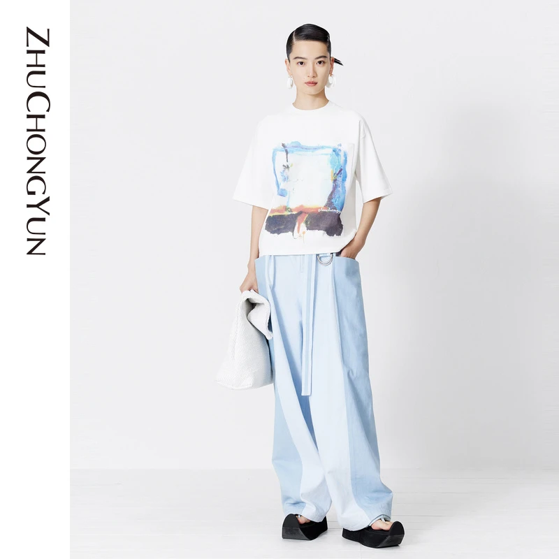 【冬姐精选】ZHUCHONGYUN2023夏水彩风印花针织T恤C1DE2845M