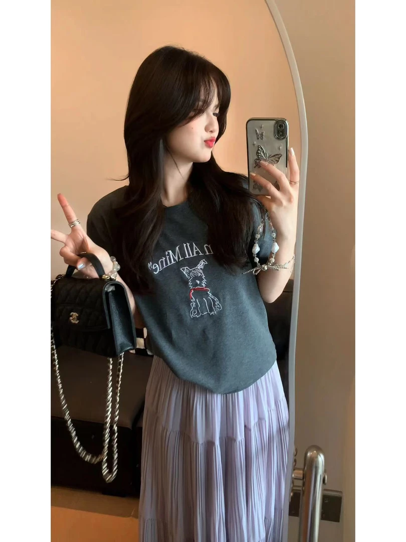 【肉肉】韩系简约圆领刺绣小狗短袖T恤女夏季百搭休闲软糯磨毛上衣