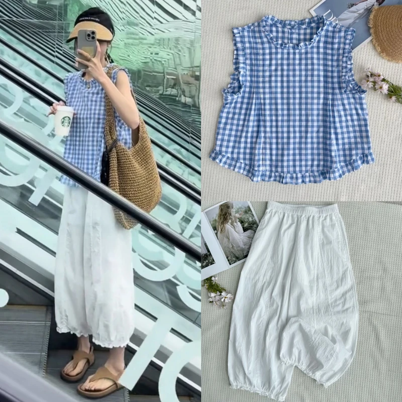 夏季爆款设计感时尚套装女格子飞袖小衫+九分灯笼裤巨好看两件套