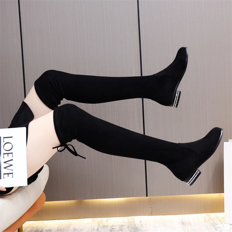 过膝靴长靴女秋冬新款水钻绒面弹力瘦瘦靴显瘦平跟长筒靴41大码靴