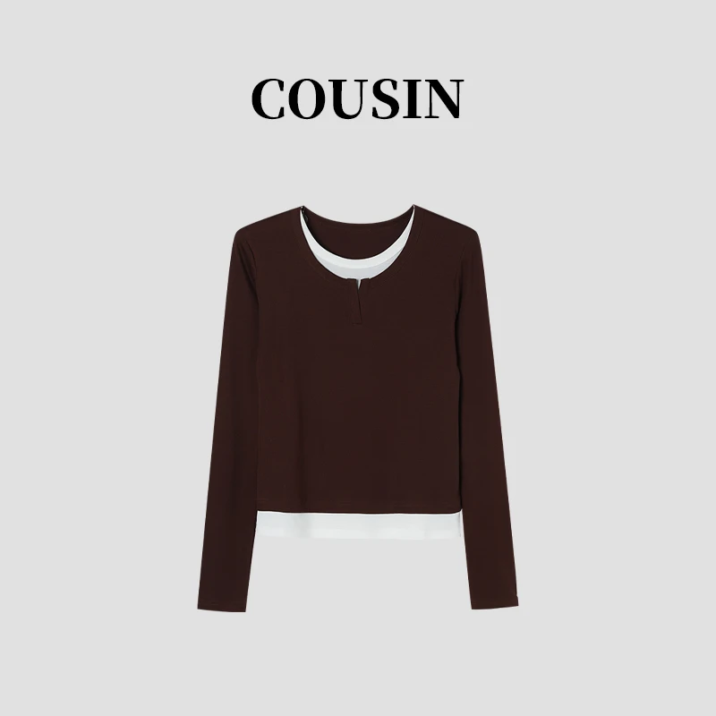 休闲设计感撞色假两件长袖T恤打底衫 2364