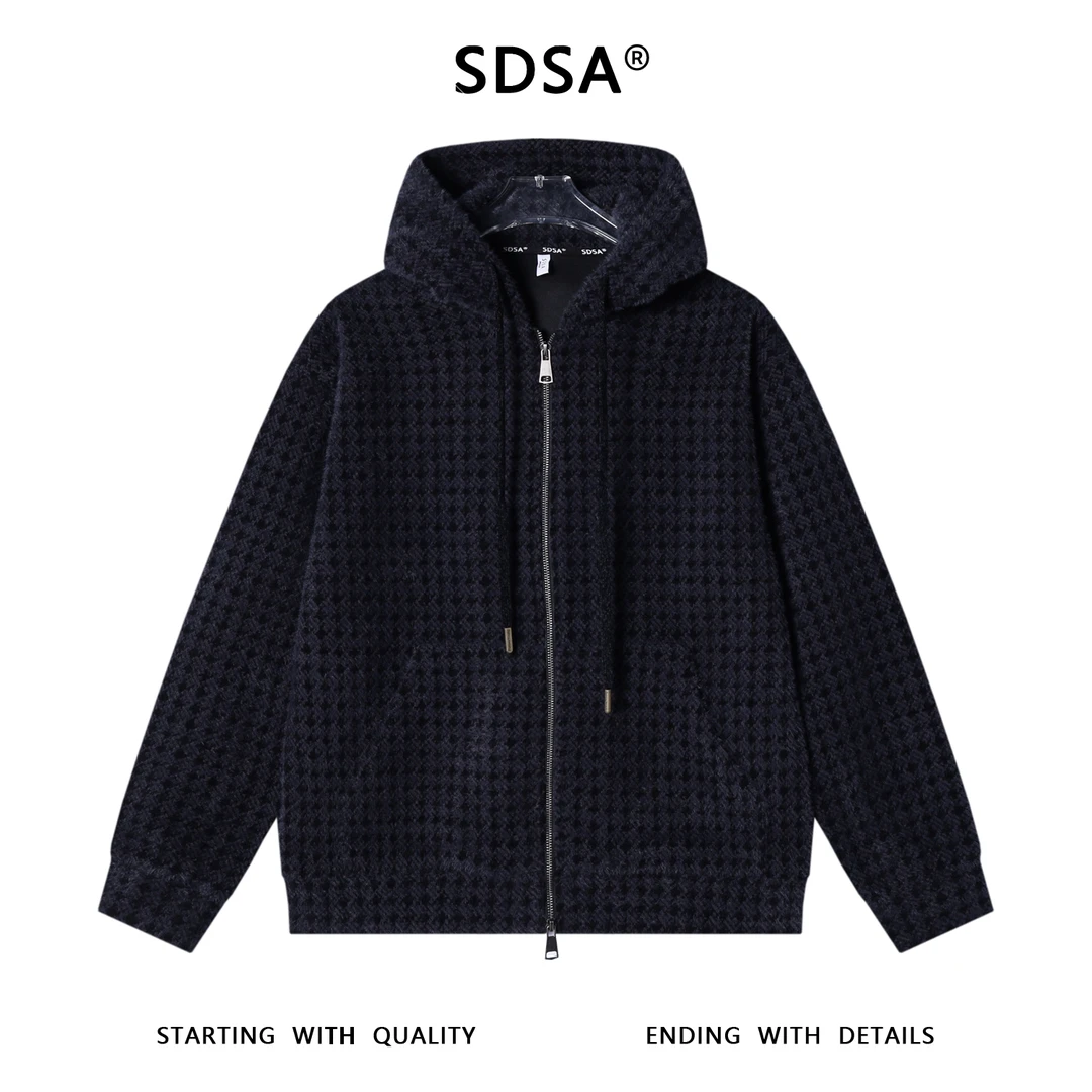 SDSA男士秋冬新款痞帅男装潮牌绒毛拉链开衫连帽卫衣暗纹百搭上衣