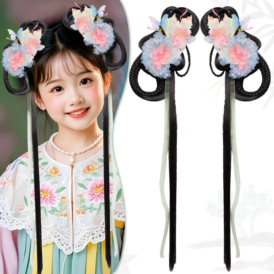 古风儿童发髻汉服绢纱花朵头饰组合套装演出假发飘带百搭可爱造型