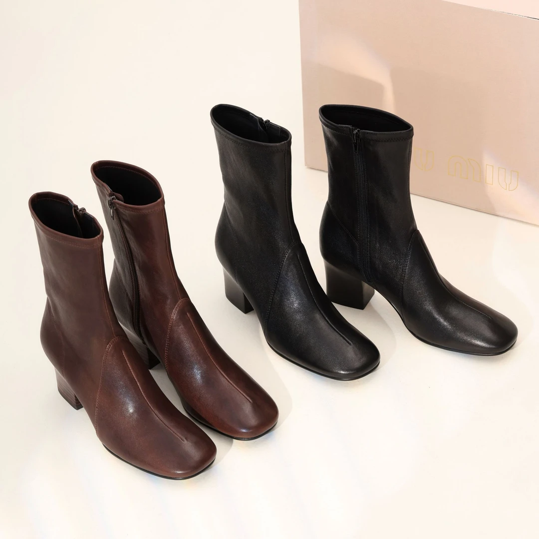 Inking Pot复古方头粗跟短靴女软糯弹力靴真皮舒适瘦瘦靴气质女靴