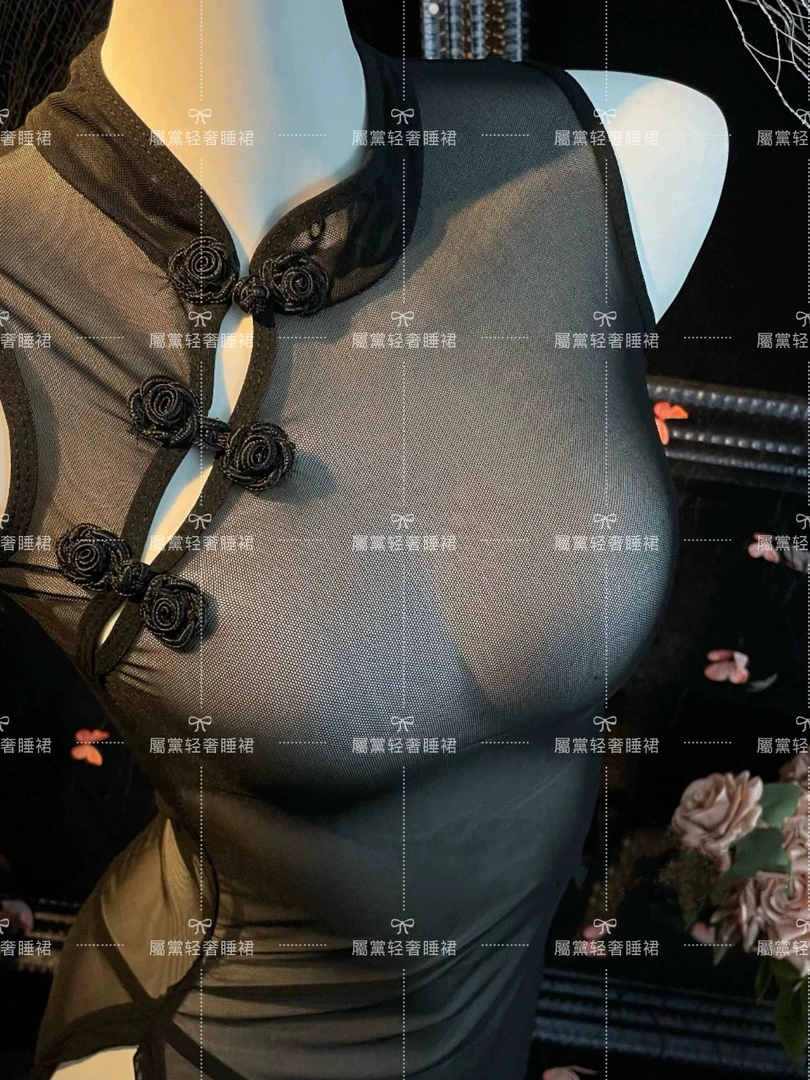 复古新中式透明玫瑰花盘扣修身显瘦旗袍睡衣