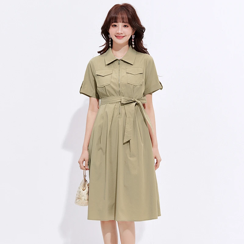 C043松紧腰中长裙高腰短袖裙子连衣裙女2025夏52BP0A0043