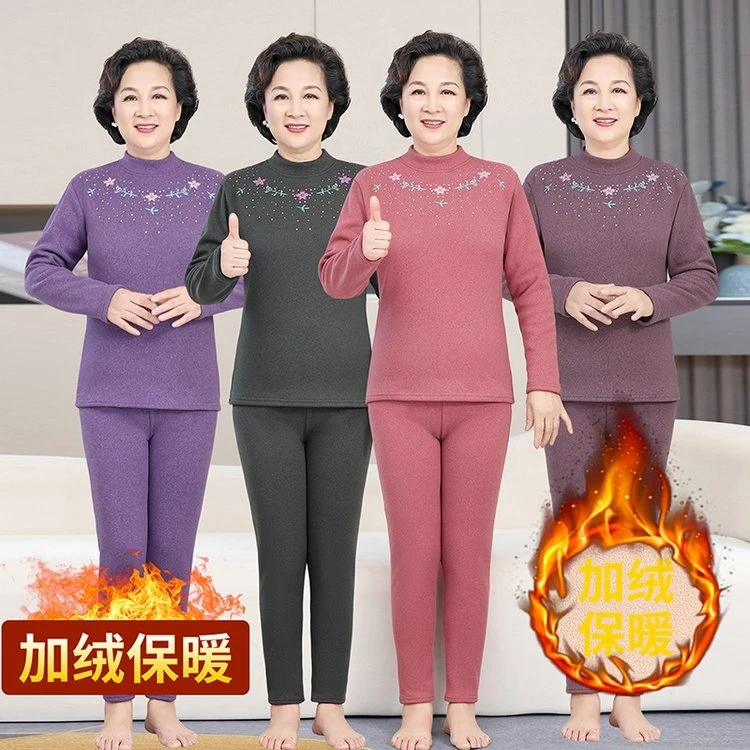 中老年加绒加厚保暖内衣套装冬季德绒秋衣秋裤两件套防寒大码内衣