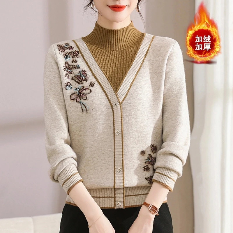 妈妈装冬装加绒保暖针织衫中老年女装假两件毛衣打底针织衫