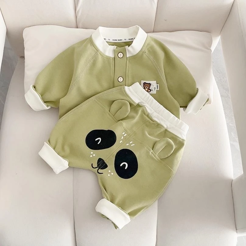 春季宝宝纯色极简风卡通屁屁裤套装春秋薄款套装童装婴儿衣