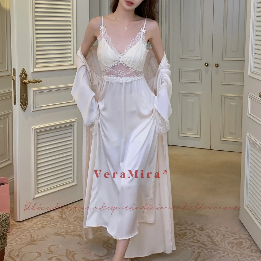 【玉清长】法式带垫长款蕾丝吊带睡袍两件套轻奢透视氛围感长裙春夏