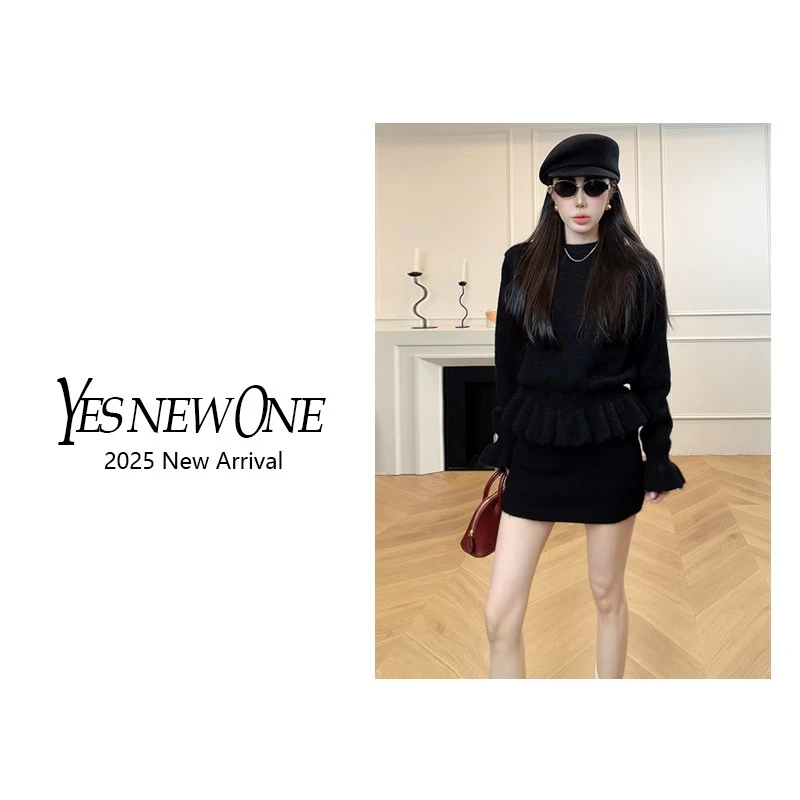 【大蟲家】两件套 羊毛混纺洋气荷叶边圆领毛衣+防走光短裙2025冬季