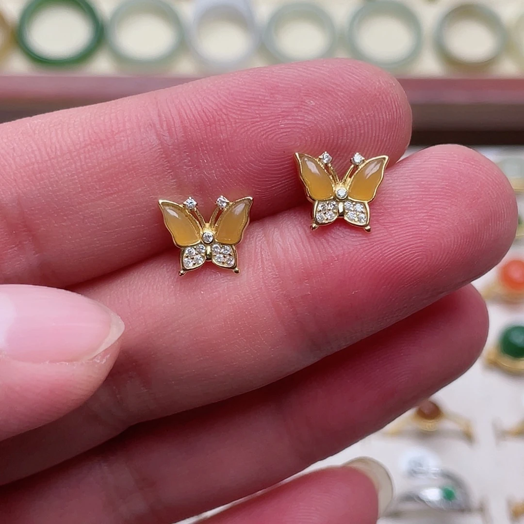 和田玉耳钉银S925镶嵌