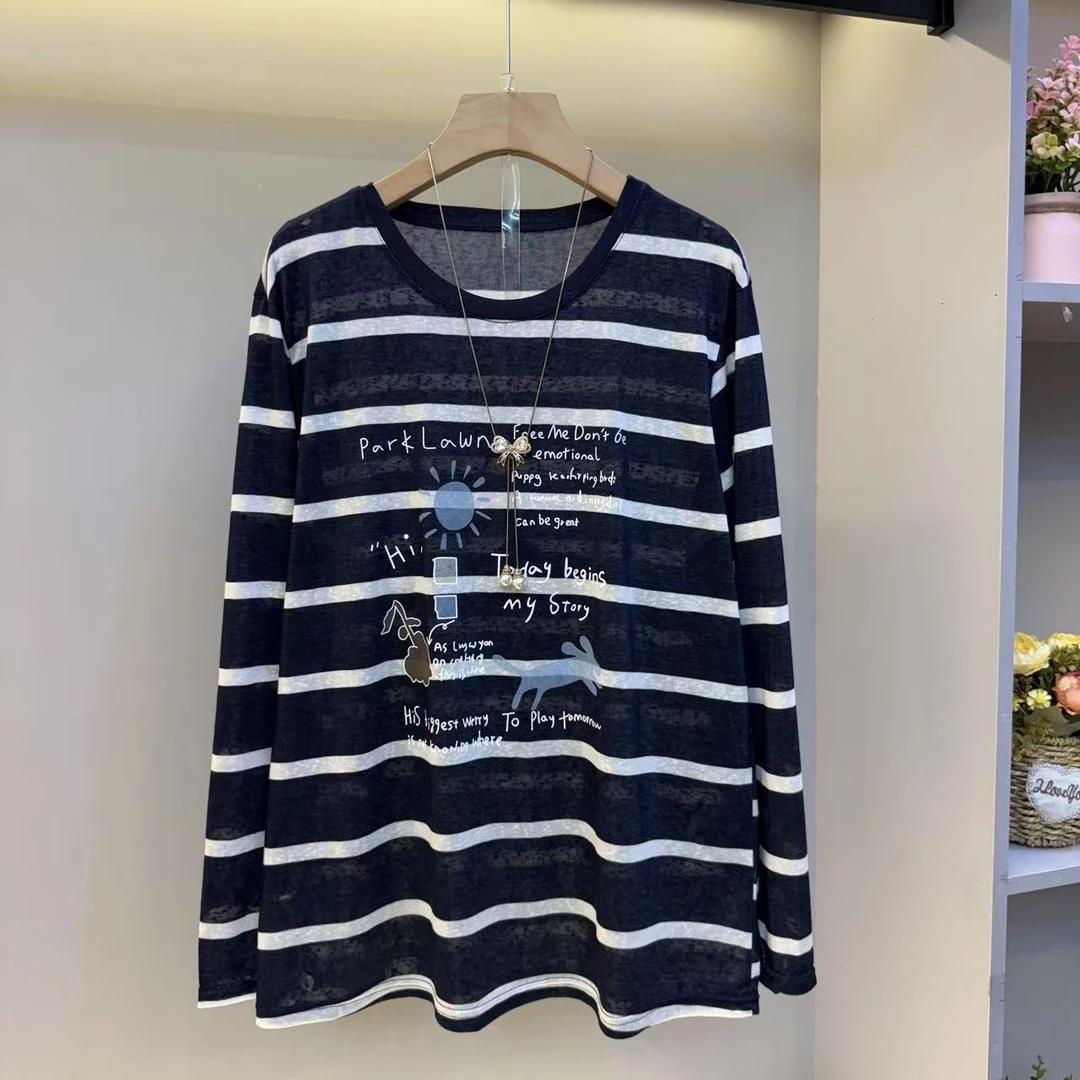 2025早秋新款欧货大码女装慵懒风减龄时尚条纹衫