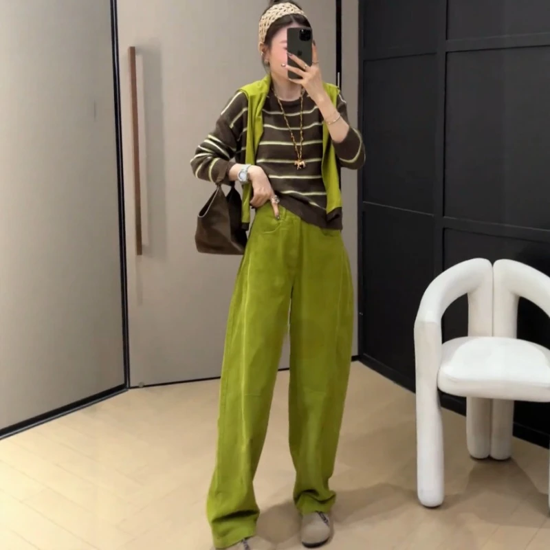 2025春秋季新款女士多巴胺绿色设计感显瘦时尚休闲裤宽松弯刀裤潮
