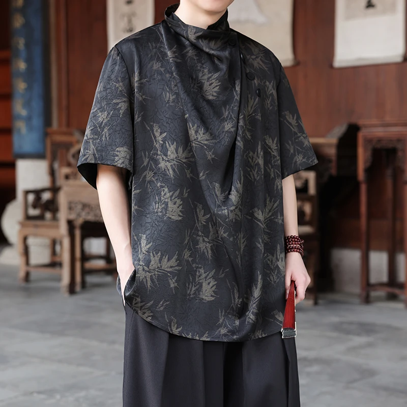 新中式高堆领冰丝t恤男短袖复古印花山本风不规则设计感宽松上衣