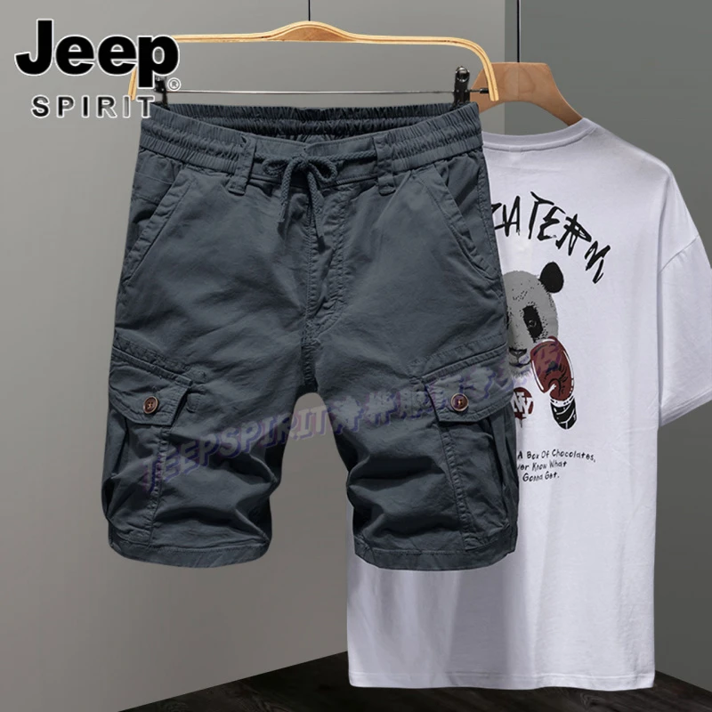 Jeep吉普灰色工装短裤男夏季薄款潮牌户外宽松百搭美式休闲五分裤