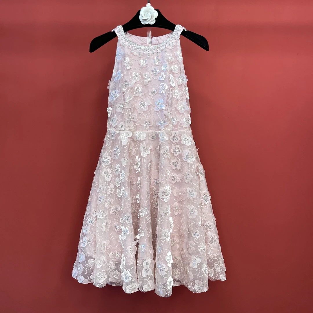 【雾樱纱】夏季新款粉色挂脖钉珠亮片轻奢重工无袖显瘦花朵连衣裙女