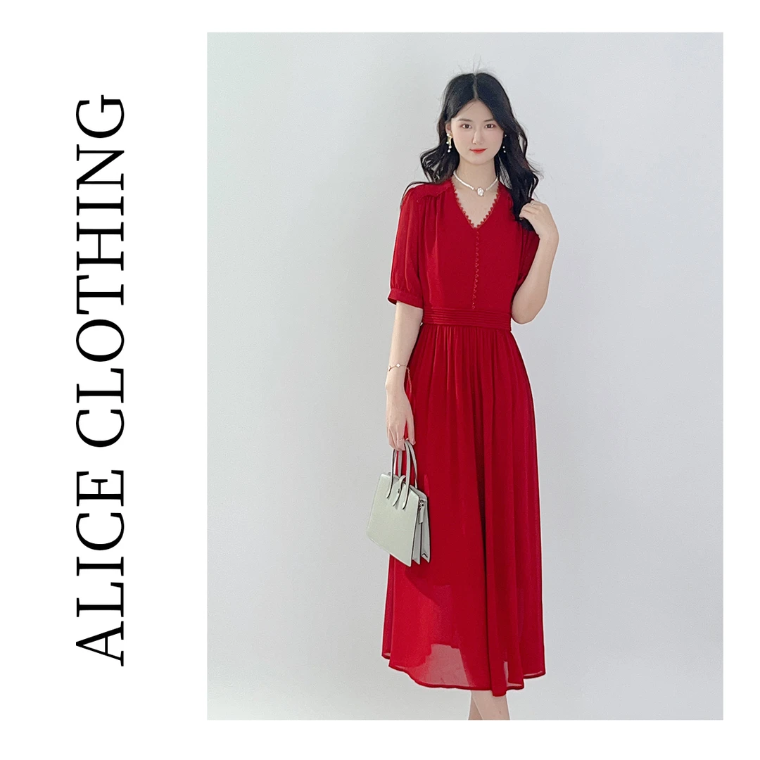 2ALICE“浓情枣红”连衣裙显瘦褶皱轻盈飘逸S1033556A