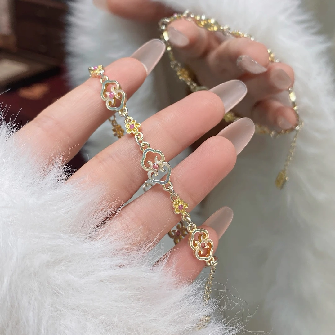 足银珐琅手链 足银999.9新中式描金珐琅镂空如意花银手链轻奢时尚