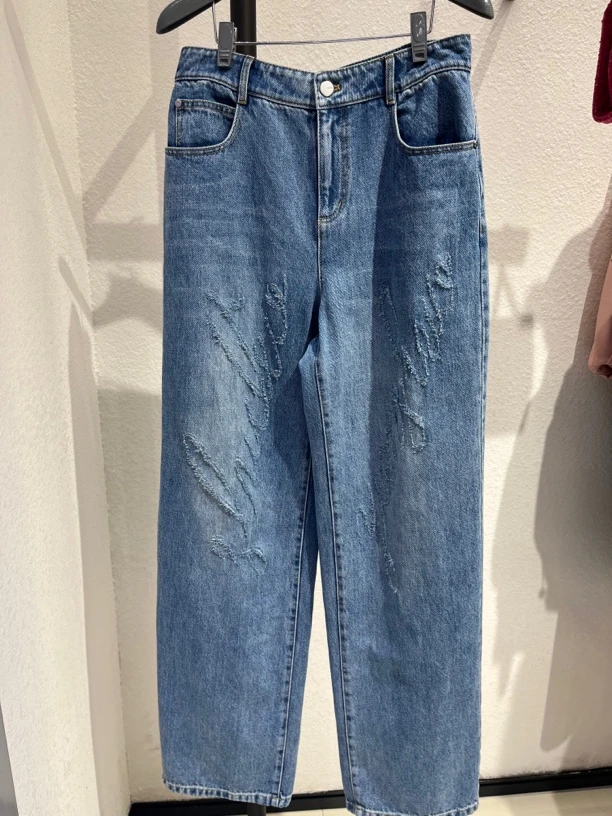 做旧春季ins风牛仔裤长裤百搭休闲高腰浅蓝时尚女士