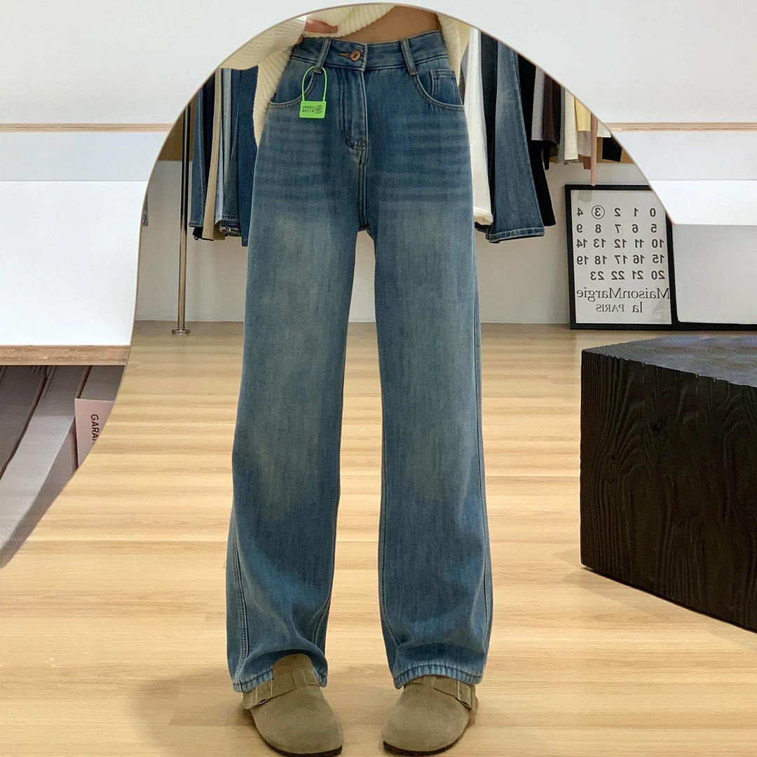 加绒加厚直筒牛仔裤女秋冬2025新款胖mm高腰显瘦梨形身材阔腿裤子