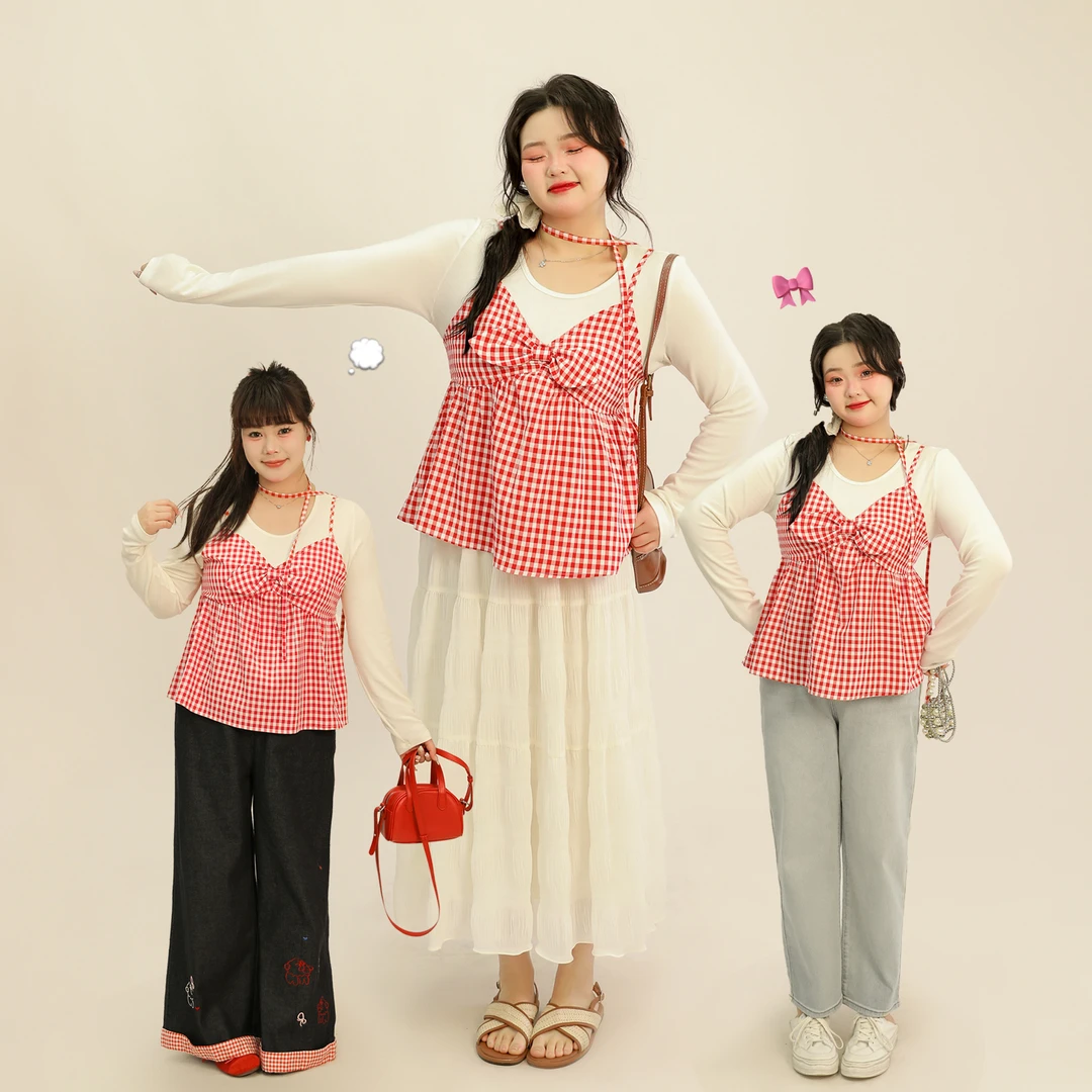 124-清大码加宽加大女装上衣显瘦蝴蝶结假两件格纹T恤0207