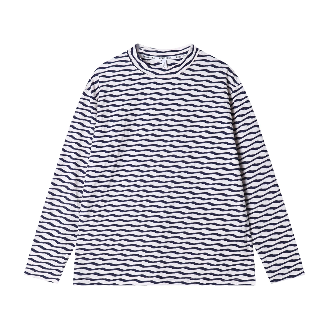 T2204早春时尚个性韩系水波纹圆领长袖T恤百搭休闲套头潮流上衣