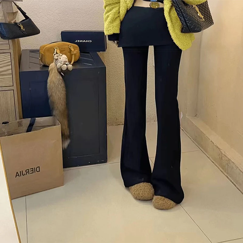 2025冬季假两件修身显瘦喇叭裤女紧身百搭塑型外穿打底拖地长裤