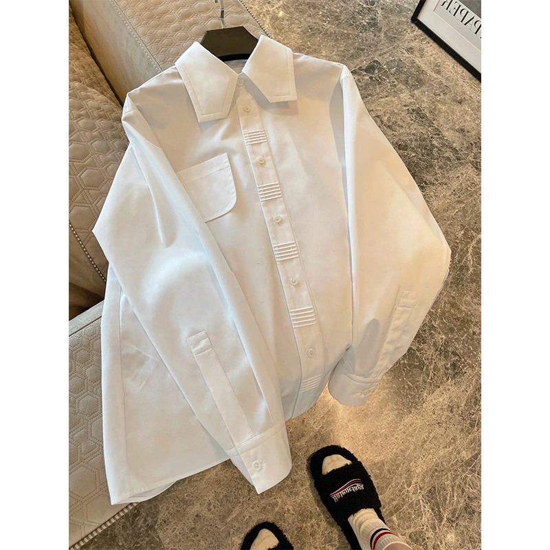 2025洋气女装上衣休闲时尚宽松白色衬衣设计感小众网红长袖衬衫