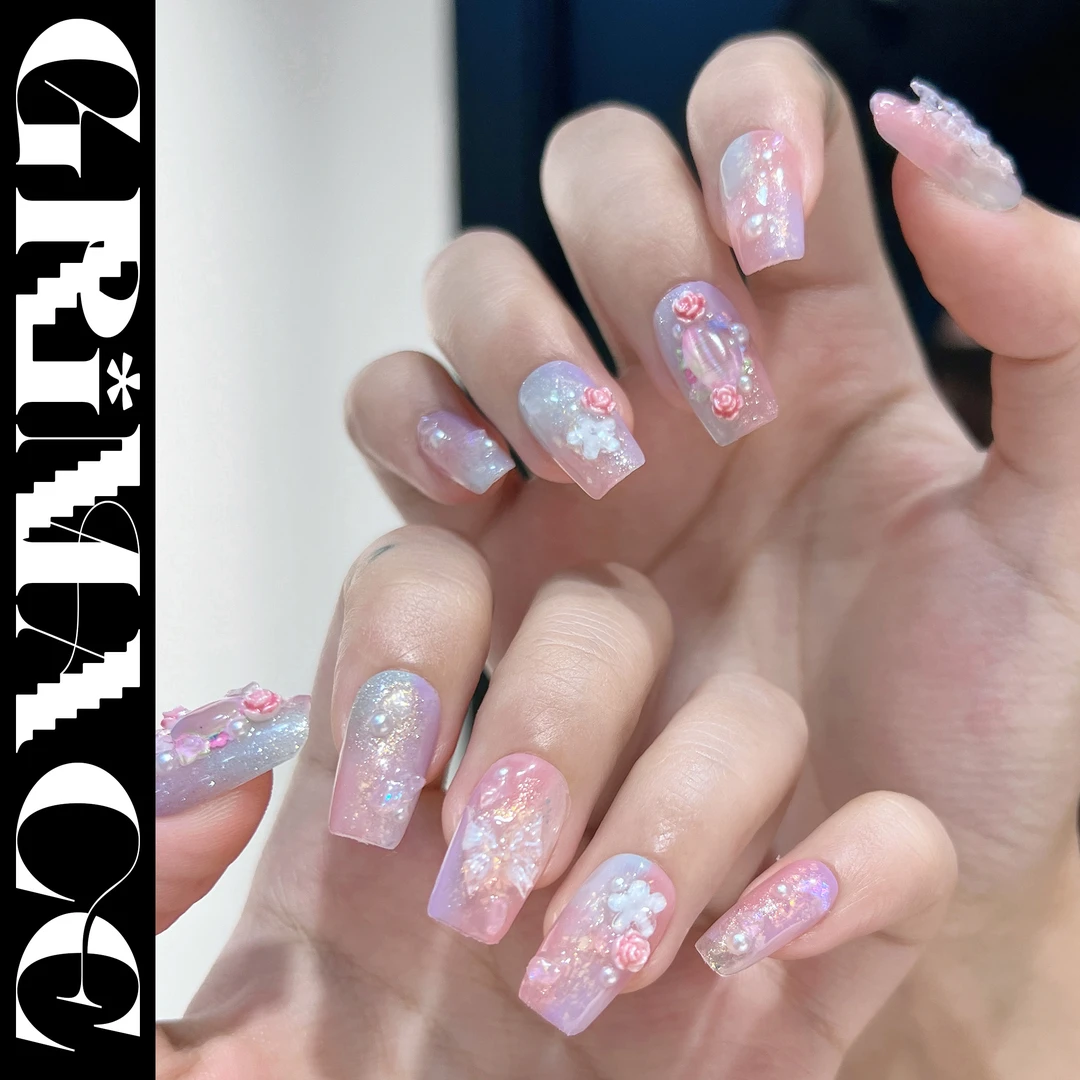 【桃花岛】怪相录纯手工夏日美甲春日花朵蝴蝶粉紫猫眼宝石碎钻美甲