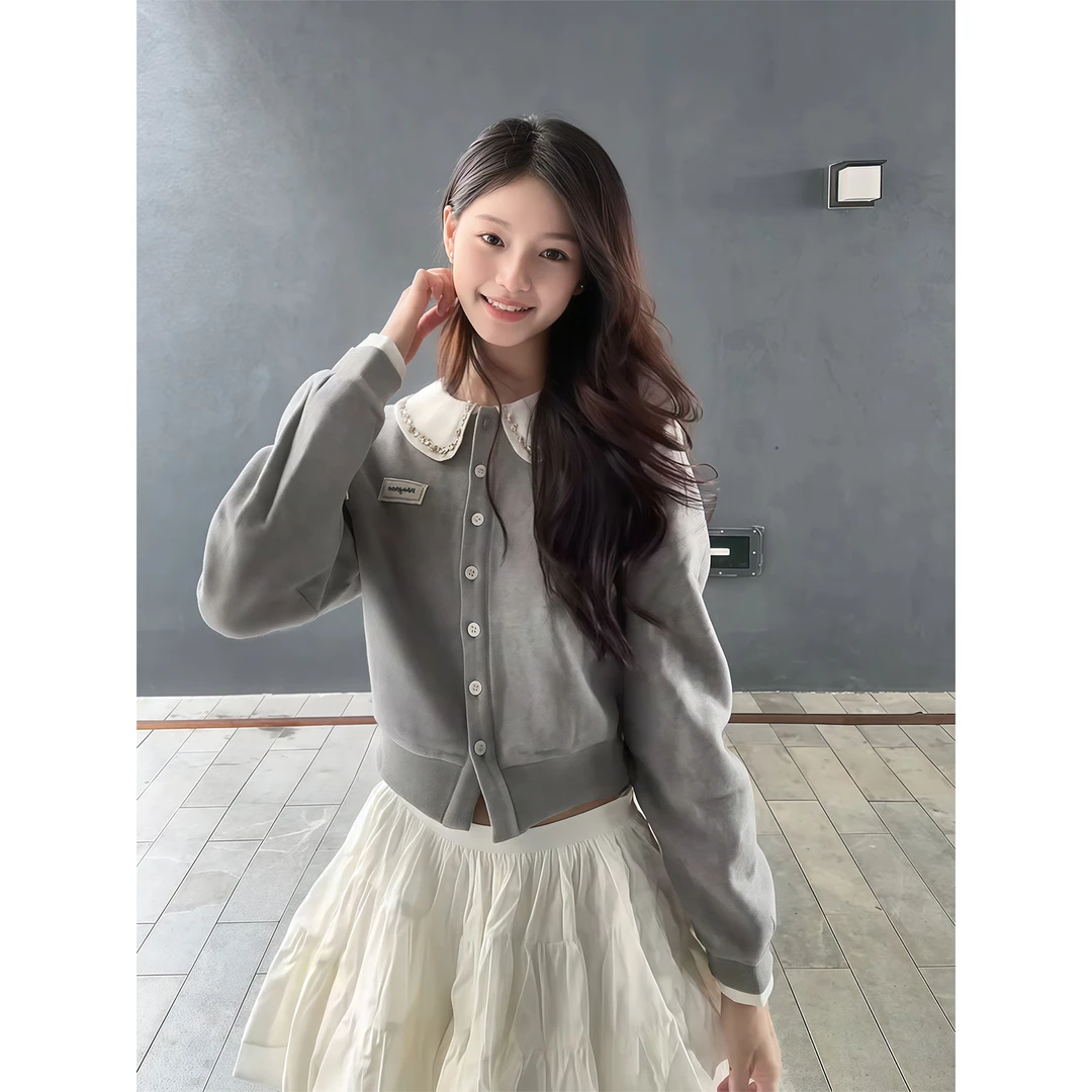 韩系单排扣娃娃领长袖开衫毛衣外套女秋冬气质高腰显瘦短裙两件套