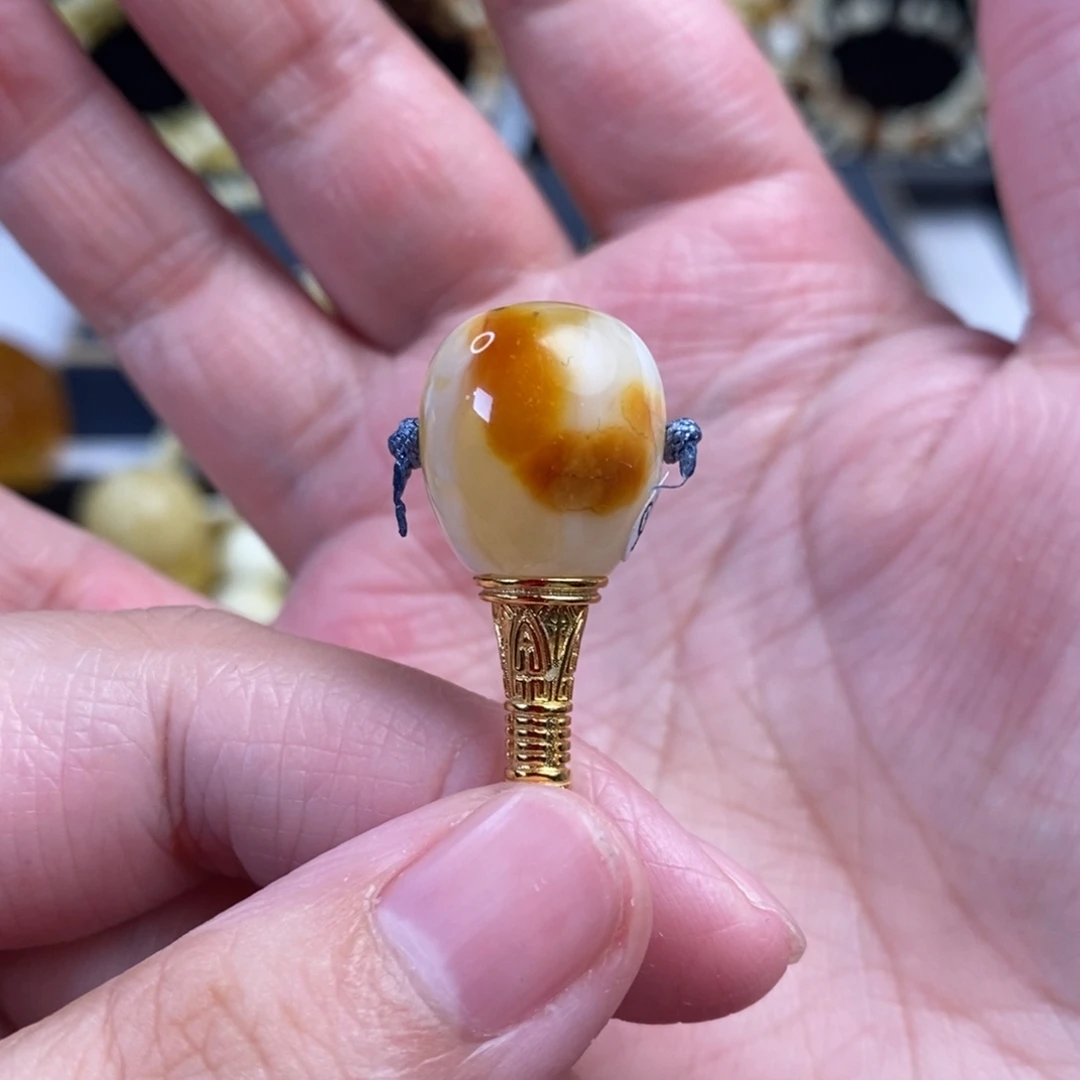 蜜蜡银S925镀金镶嵌裸石沁色瓷白妖花分体三通14.4