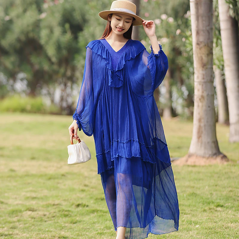 拜占庭的森林纯色桑蚕丝长裙气质时尚简约显瘦百搭优雅真丝连衣裙