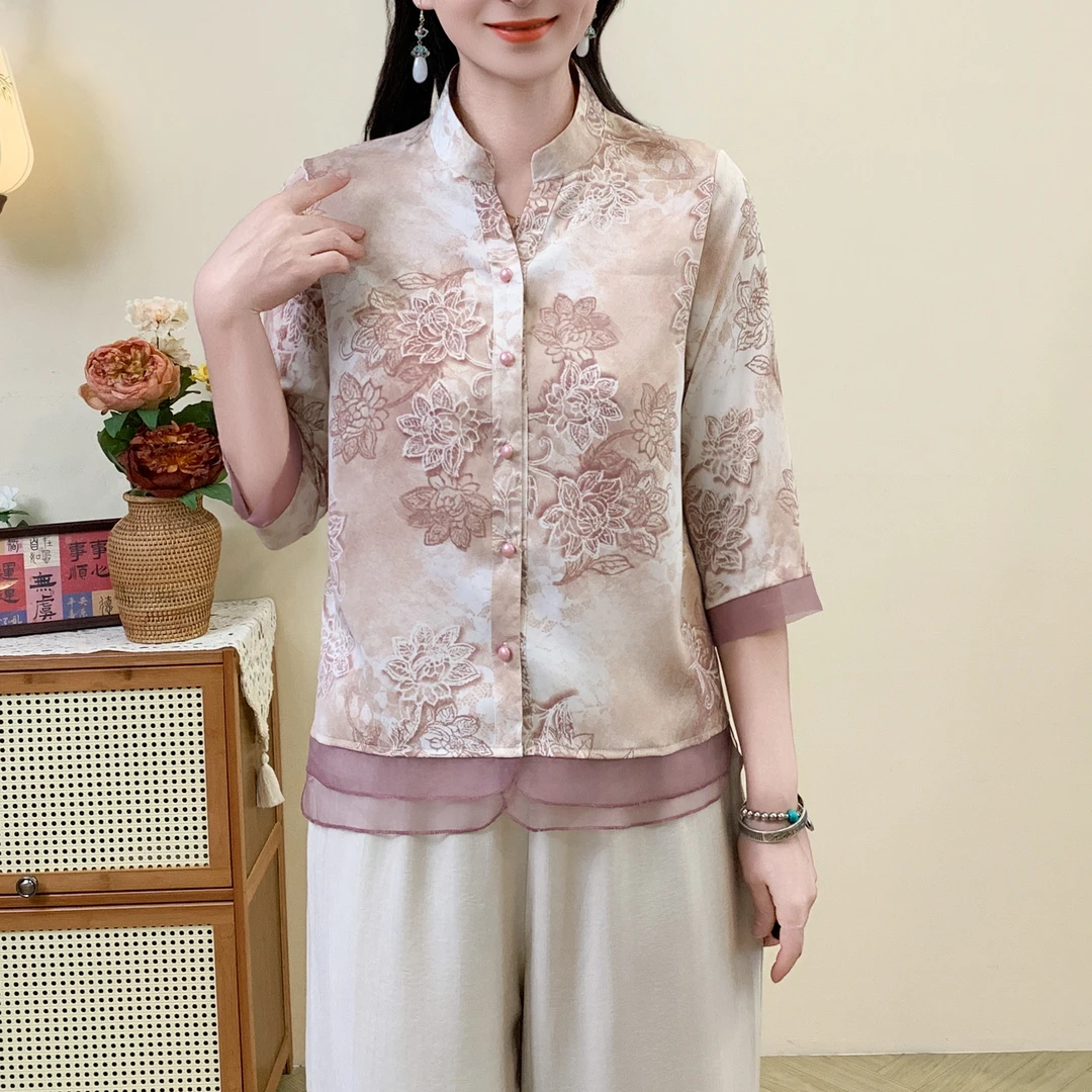 2025夏季中年妈妈新中式休闲上衣洋气中袖衬衫薄款宽松小衫时尚